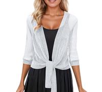 Women's Bolero Silver Thread Mesh Cardigan Short Chiffon Jacket Lightweight Evening Cape Blouson Top Elegant Cover Women Lace Blazer Summer Cardigan Festive Cape Jacket, Style/V08 White, M