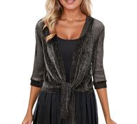 Women's Bolero Silver Thread Mesh Cardigan Short Chiffon Jacket Lightweight Evening Cape Blouson Top Elegant Cover Women Lace Blazer Summer Cardigan Festive Cape Jacket, Style/V01 Black, M