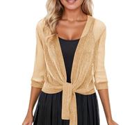Women's Bolero Silver Thread Mesh Cardigan Short Chiffon Jacket Lightweight Evening Cape Blouson Top Elegant Cover Women Lace Blazer Summer Cardigan Festive Cape Jacket, Style/V09 Yellow, M