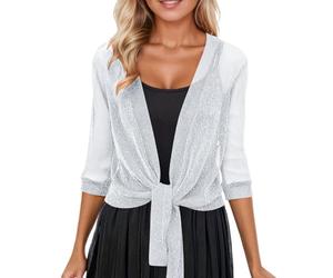 Women's Bolero Silver Thread Mesh Cardigan Short Chiffon Jacket Lightweight Evening Cape Blouson Top Elegant Cover Women Lace Blazer Summer Cardigan Festive Cape Jacket, Style/V08 White, M