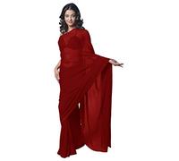Women's Bollywood Chiffon Plain Sari Festival Uniform Saree Wrap Fabric Unstitched Blouse Piece Party Wear, Dark Red, One Size