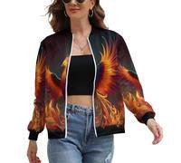 Women's Bomber Jacket, Flame Phoenix Long Sleeve Zip up Flight Jackets with Pockets, China Mythical Beasts Lightweight Casual Sportswear Tops for Women M