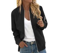 Women's Bomber Jacket, Ladies Lightweight Flight Jackets Zip Up Varsity Shacket Long Sleeve Casual Solid Quilted Coat with 2 Pockets Black M