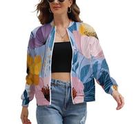 Women's Bomber Jacket, Peony Petals Leaves Long Sleeve Zip up Flight Jackets with Pockets, Scandinavian Flowers Lightweight Casual Sportswear Tops for Women S