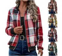 Women's Bomber Jacket Plaid Checked Zip Up Flight Jacket Lightweight Baseball Jackets Open Front Bomber Jackets Elegant Round Neck Long Sleeve Pullover Ladies Casual Casual Quilted Coat Shirts Pockets