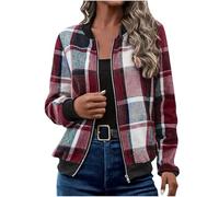 Women's Bomber Jacket Plaid Checked Zip Up Flight Jacket Lightweight Baseball Jackets Open Front Bomber Jackets Elegant Round Neck Long Sleeve Pullover Ladies Casual Casual Quilted Coat Shirts Pockets