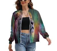 Women's Bomber Jacket, Rainbow Mane Lion Long Sleeve Zip up Flight Jackets with Pockets, Abstract Animal Lightweight Casual Sportswear Tops for Women XS