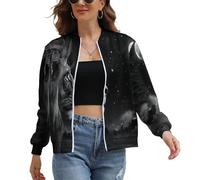 Women's Bomber Jacket, Zip Up Stand Collar Baseball Jacket, Simple Animal Lightweight Open Front Flight Jackets, Long Sleeve Lion Gazing At The Starry Sky Coat Shirts with Pockets XS