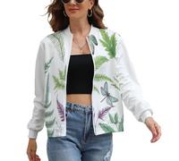 Women's Bomber Jacket, Zip Up Stand Collar Baseball Jacket, Simplicity Plants Flowers Lightweight Open Front Flight Jackets, Long Sleeve Leaves Dragonfly Coat Shirts with Pockets S