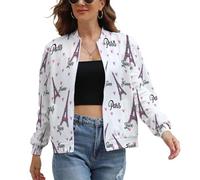 Womens Bomber Jackets, Casual Stand Collar Full Zip Sportswear Tops with Pockets, Pink Eiffel Tower Lightweight Jacket, Cartoon Architecture Long Sleeve Cardigan Coats L