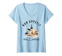 Womens Bon Appetit Mon Amour Gourmet Wine and Cheese French Picnic V-Neck T-Shirt