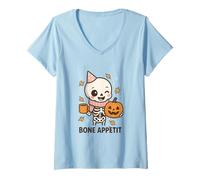 Womens Bone Appétit Cute Skeleton Pumpkin Coffee Halloween Design V-Neck T-Shirt