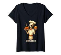 Womens Bone Appétit Funny Halloween Skeleton Chef Thanksgiving Pie V-Neck T-Shirt