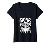 Womens Bone Appétit Funny Halloween Skeleton Ghosts V-Neck T-Shirt