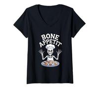 Womens Bone Appetit Halloween Skeleton Chef Spooky Kitchen Humor V-Neck T-Shirt