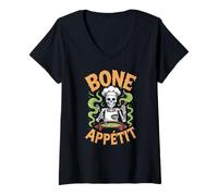 Women's Bone Appetit Skeleton Chef Halloween Catering V-Neck T-Shirt