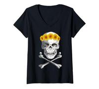 Women's Bone Head Skull Wearing Sunflower Wreath Crossbone Halloween V-Neck T-Shirt