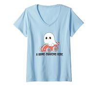 Womens Bone Shaking Ride Halloween Ghost Driving Race Car Fun V-Neck T-Shirt