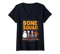 Womens Bone Squad Halloween Skeleton Ghost Pumpkin V-Neck T-Shirt