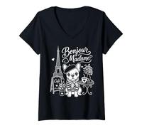 Women's Bonjour Madame French Bulldog Paris Cafe Lover Design V-Neck T-Shirt