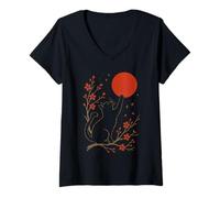 Womens Bonsai Tree Branch Flowers Sunset Silhouette Japanese Cat V-Neck T-Shirt