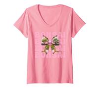 Womens Bonsai Tree Japanese Zen Girl Mom Pink Coquette Bow V-Neck T-Shirt