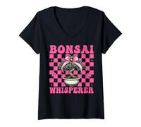 Womens Bonsai Whisperer Tree Japanese Zen Girl Mom Coquette Bow V-Neck T-Shirt