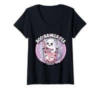 Womens Boo-Ba Milk Tea Kawaii Ghost Halloween V-Neck T-Shirt