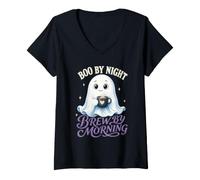 Women's Boo by Night Brew by Morning Cute Halloween Ghost Coffee V-Neck T-Shirt