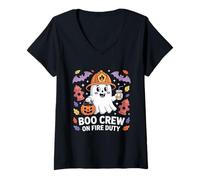 Womens Boo Crew On Fire Duty Firefighter Ghost Kids Halloween Shirt V-Neck T-Shirt