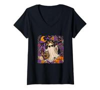 Women's Boo Ghost Sunglasses Leopard Bow Tie Drinking Wine Halloween V-Neck T-Shirt