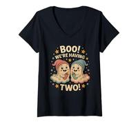 Womens Boo Ghost We’re Having Two Halloween Twins Pregnancy Reveal V-Neck T-Shirt