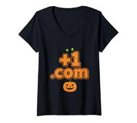Womens Boo Halloweens +1 Plus One Dot Com Country Code V-Neck T-Shirt