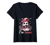 Womens Boo I'm Seven Halloween 7th Birthday Boo As Witch Lover Kids V-Neck T-Shirt