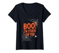 Womens Boo I'm Stuck On You Spider Webs Halloween V-Neck T-Shirt