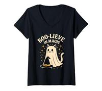 Womens Boo-Lieve in Magic Cat V-Neck T-Shirt