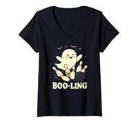 Womens Boo-Ling Ghost Bowling Halloween Funny Spooky Bowler Costume V-Neck T-Shirt