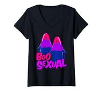 Womens Boo Sexual Bisexual Ghost Pair Word Game for Halloween V-Neck T-Shirt