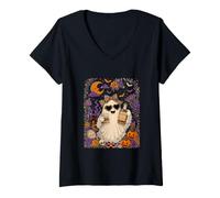 Women's Boo Sunglasses Leopard Bow Tie Drinking Bourbon Halloween V-Neck T-Shirt