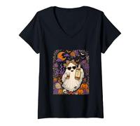 Women's Boo Sunglasses Leopard Bow Tie Drinking Whiskey Halloween V-Neck T-Shirt