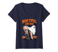 Womens Boo-Tiful and Bad Sexy Ghost Halloween fishnets Pumpkins V-Neck T-Shirt