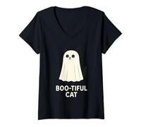 Women's Boo Tiful Cat Halloween Spooky Kitty Ghost V-Neck T-Shirt
