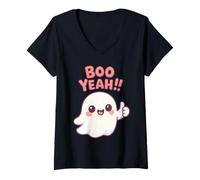 Womens Boo Yeah Chibi Ghost Kawaii Halloween Spooky V-Neck T-Shirt