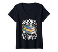 Womens Book Are My Therapy Aesthetic Bookish Reading Book Lover V-Neck T-Shirt