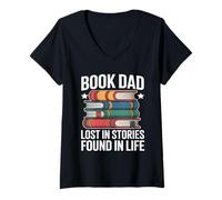 Women's Book Dad Lost in Stories Found in Life Reader V-Neck T-Shirt