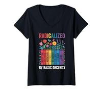Womens Book Flower Radicalized by Basic Decency Feminist LGBTQ V-Neck T-Shirt
