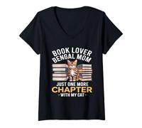 Women's Book Lover Bengal Mom Just One More Chapter Cat V-Neck T-Shirt