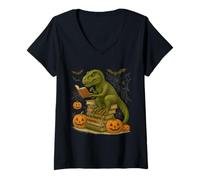 Womens Book Lover Bookworm Reading Dinosaur T Rex Spooky Halloween V-Neck T-Shirt