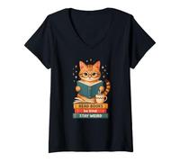 Women's Book Lover Cat Reading Be Kind Library Books Design V-Neck T-Shirt