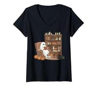 Womens Book Lover Ghost Cozy Reading Library Black Cat Halloween V-Neck T-Shirt